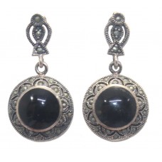 Earrings Silver 925 Sterling Dangle Drop Women Black Onyx & Marcasite Stone B420